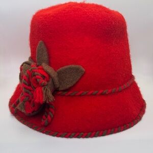 Scarlet Red Wool Felt Cloche Hat with Braided Trim and Floral Appliqué NWT